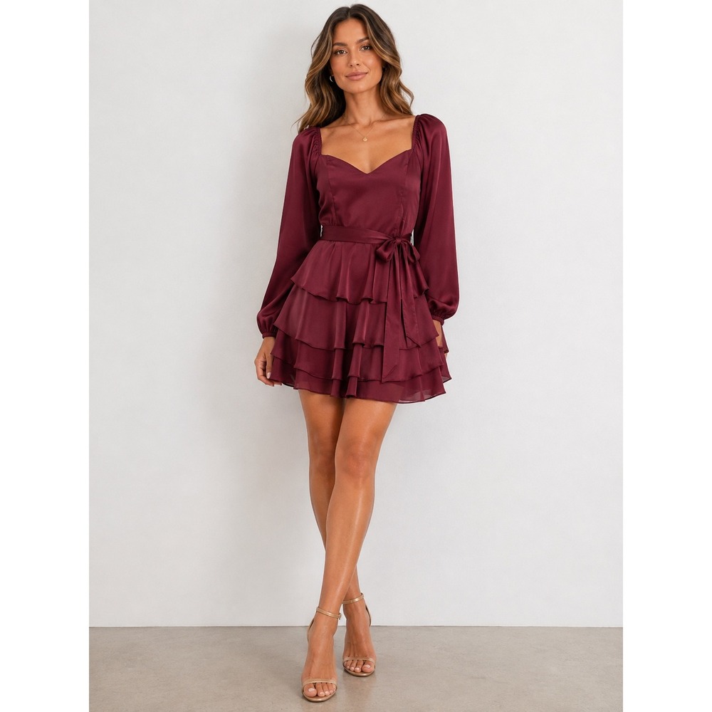 B. Darlin Tiered Ruffle Satin Dress 15/16/ Burgundy Long Sleeve Sweetheart Mini